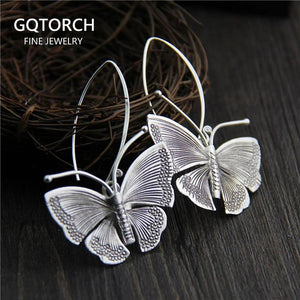 Real Pure 100% 925 Sterling Silver Exaggerated Large Butterfly Drop Earrings For Women Handmade Vintage Style - GQTORCH Jewelry