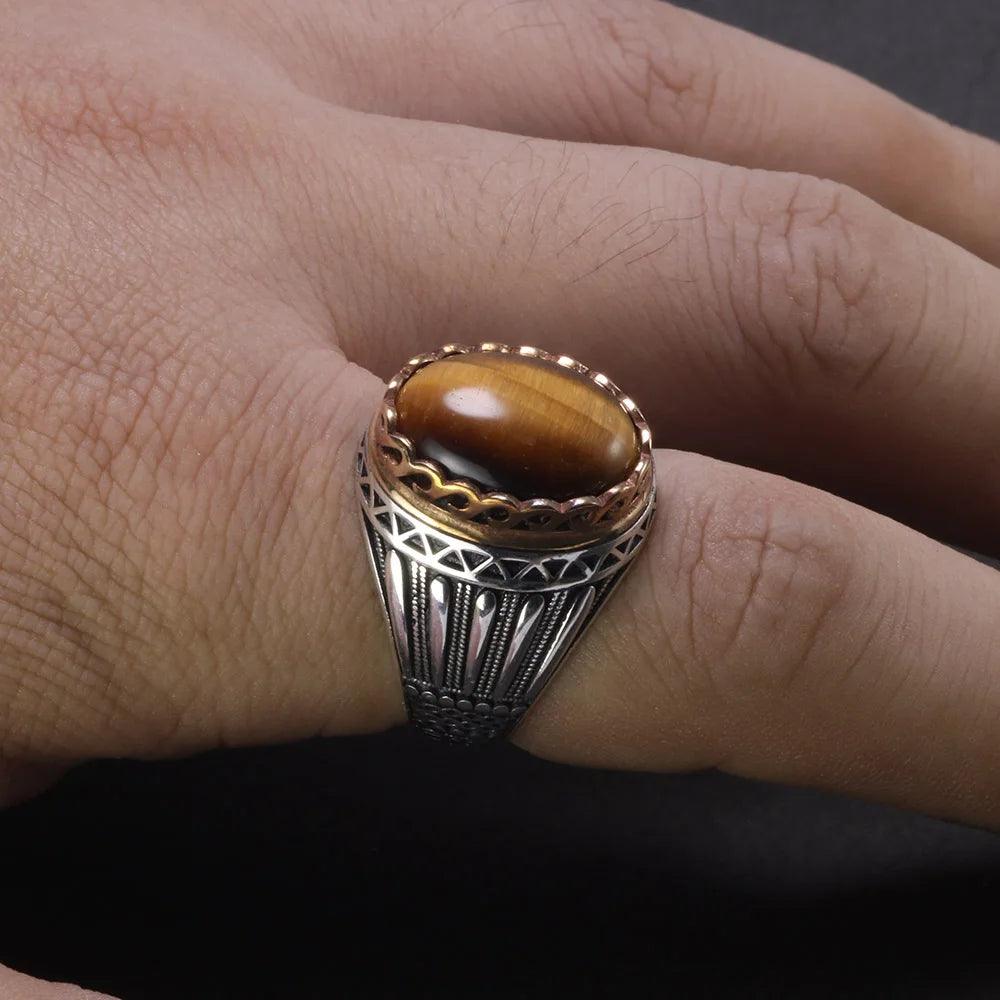 Real Pure 925 Silver Rings Cool Retro Luxury Big Turkish Rings For Men With Green Red Tiger Eyes Stones Vintage Turkey Jewelry - GQTORCH Jewelry