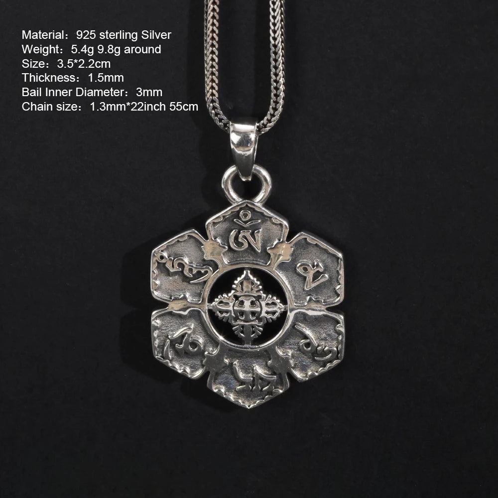 Real 925 Sterling Silver Mantra Pendant Six Words Om Buddhist Jewelry Vintage Women Men Accessories