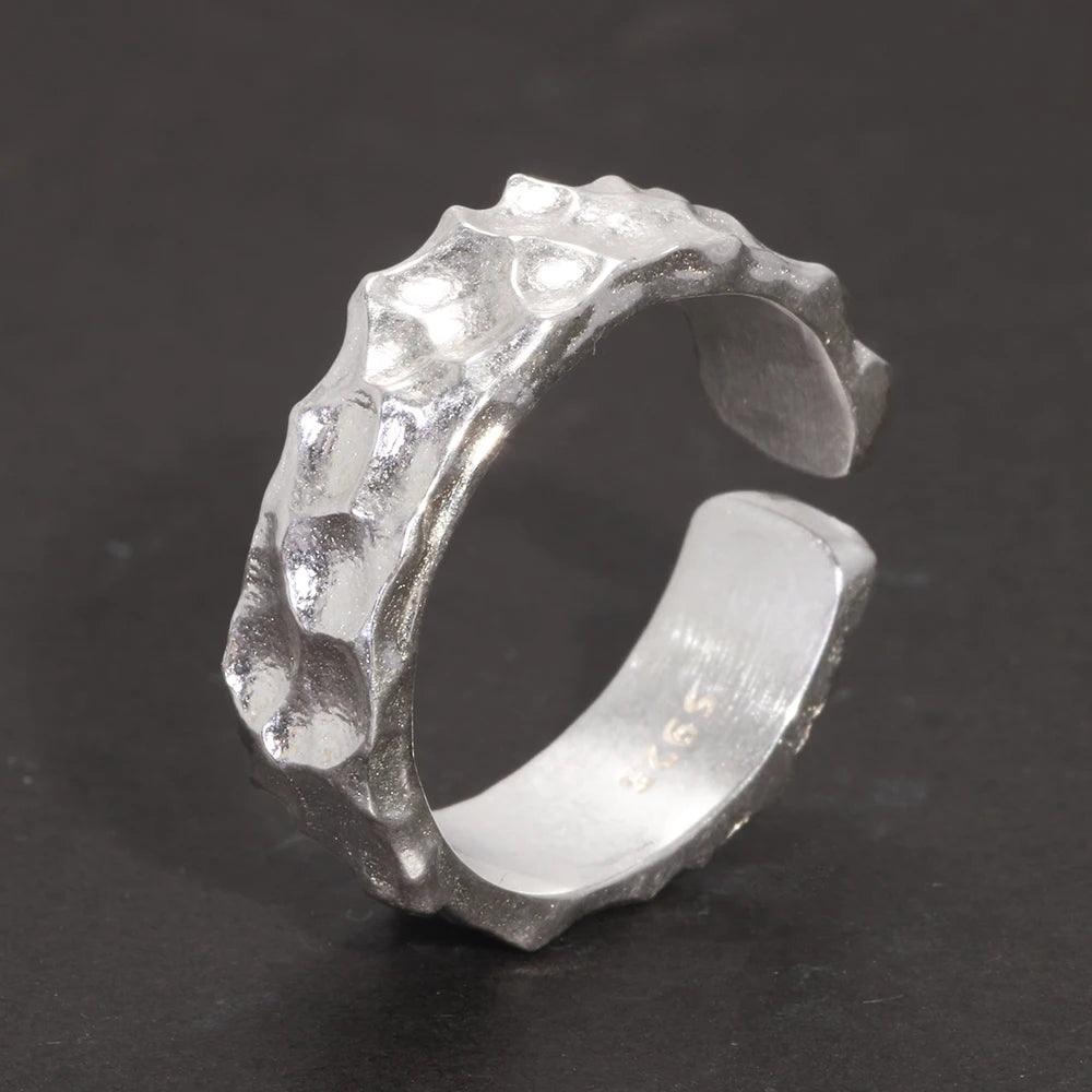 Real 925 Sterling Silver Mens Rings Open Type Hammer Pattern Retro Punk Viking Jewelry Resizable - GQTORCH Jewelry