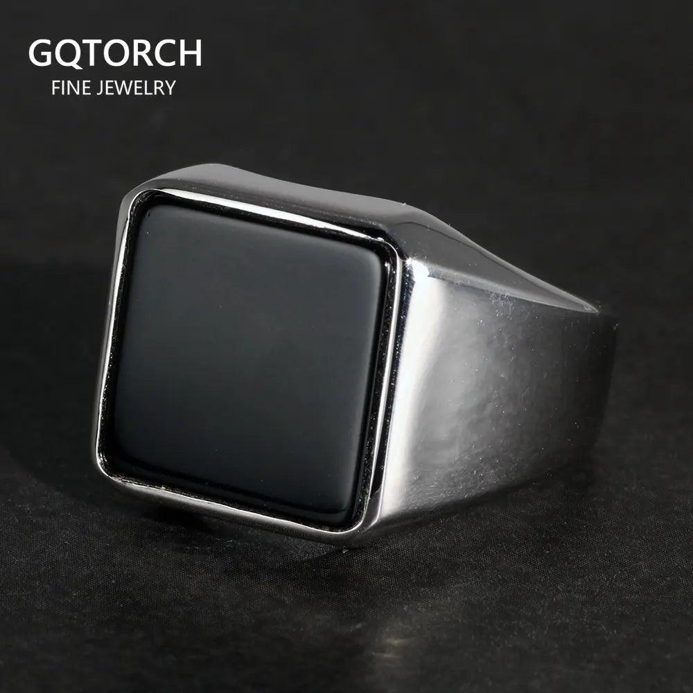 Solid 925 Sterling Silver Square Plain Ring for Men With Natural Black Agate Simple Rustic Flat Top Hallmarked Band Male Jewelry - GQTORCH Jewelry