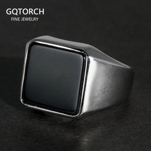 Solid 925 Sterling Silver Square Plain Ring for Men With Natural Black Agate Simple Rustic Flat Top Hallmarked Band Male Jewelry - GQTORCH Jewelry