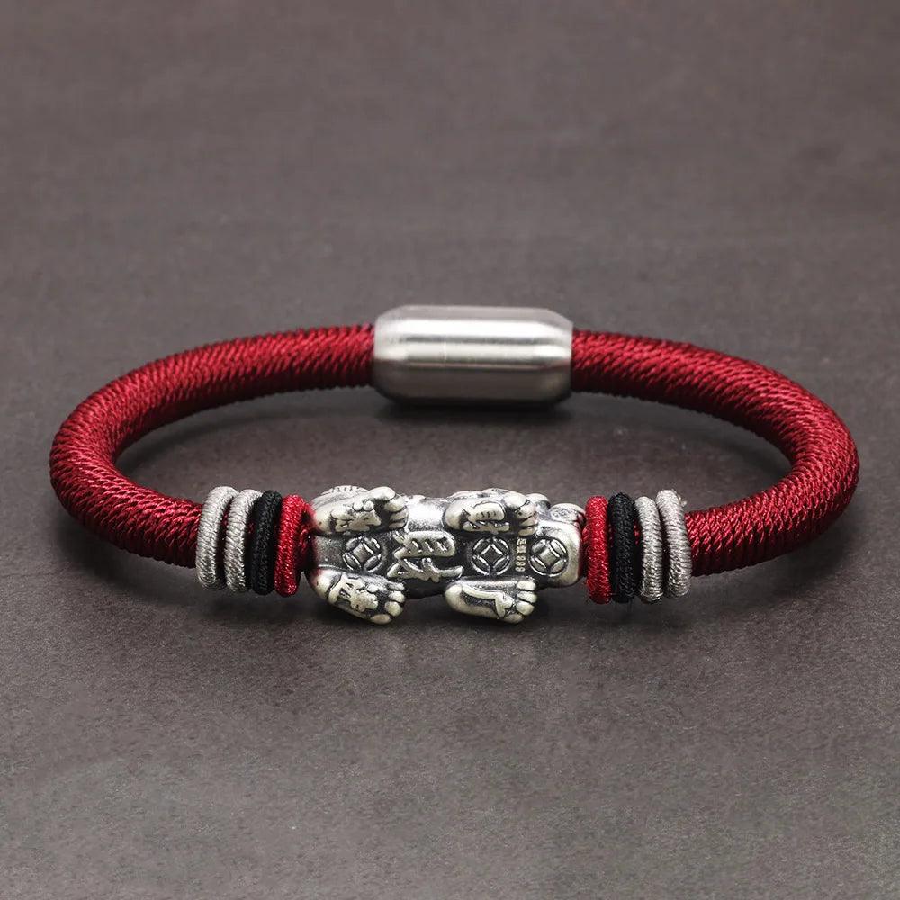 Real 999 Sterling Silver Pixiu Bracelet for Men and Women Magnetic Clasp Hand Braided Lucky Knot Retro Thai Amulet Jewelry - GQTORCH Jewelry