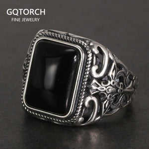 Real 925 Sterling Silver Vintage Rings For Men Natural Black Onyx Stone Square Shape Hollow Cross Flower Carved Punk Jewelry - GQTORCH Jewelry