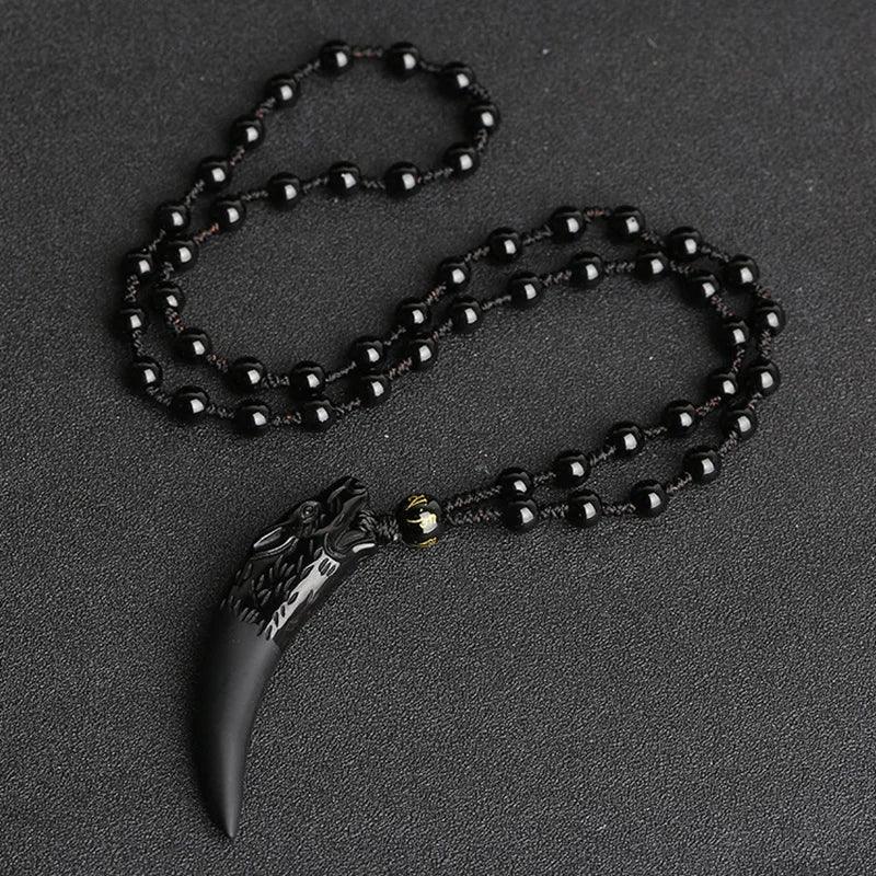 Natural Stone Black And Ice Obsidian Pendant Necklace Wolf Tooth Amulets And Talismans Couple Necklace For Women And Men - GQTORCH Jewelry