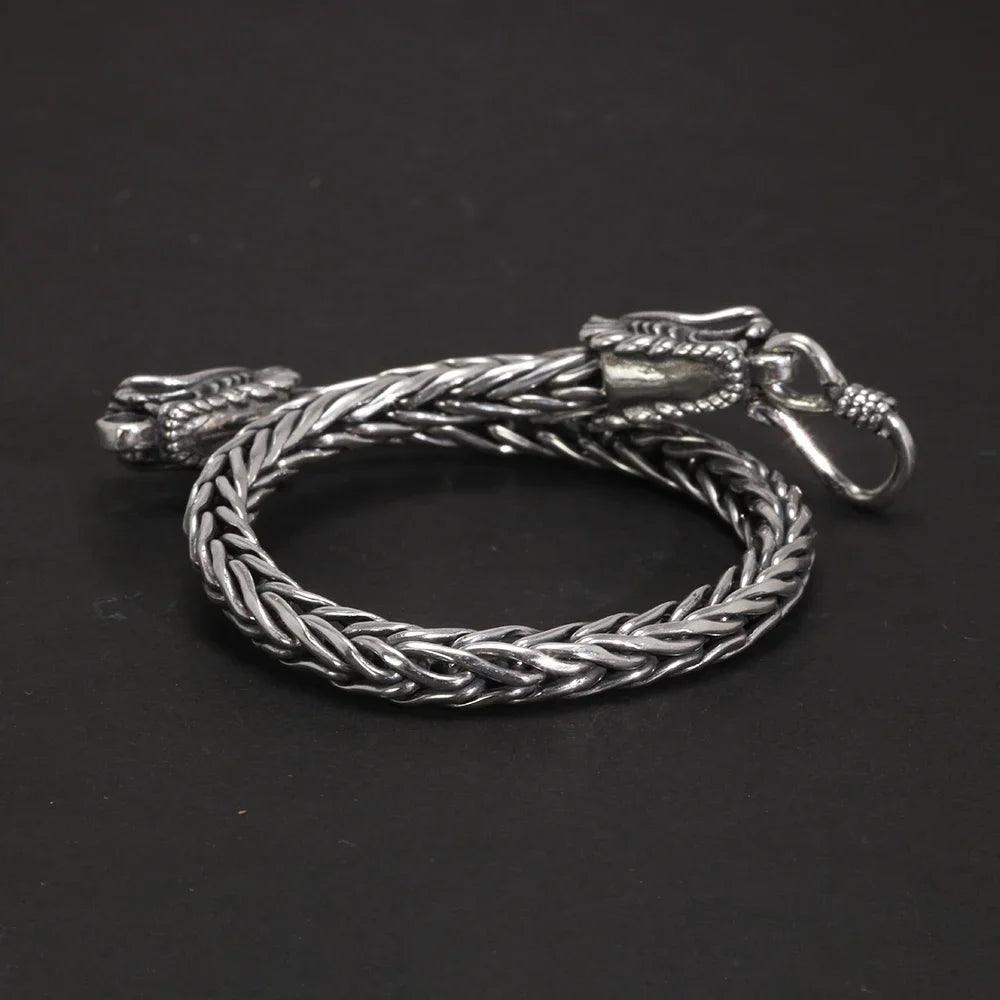 Real Pure 925 Sterling Silver Double Dragon Heads Wristband Handwoven Chain Bracelet Viking Jewelry - GQTORCH Jewelry