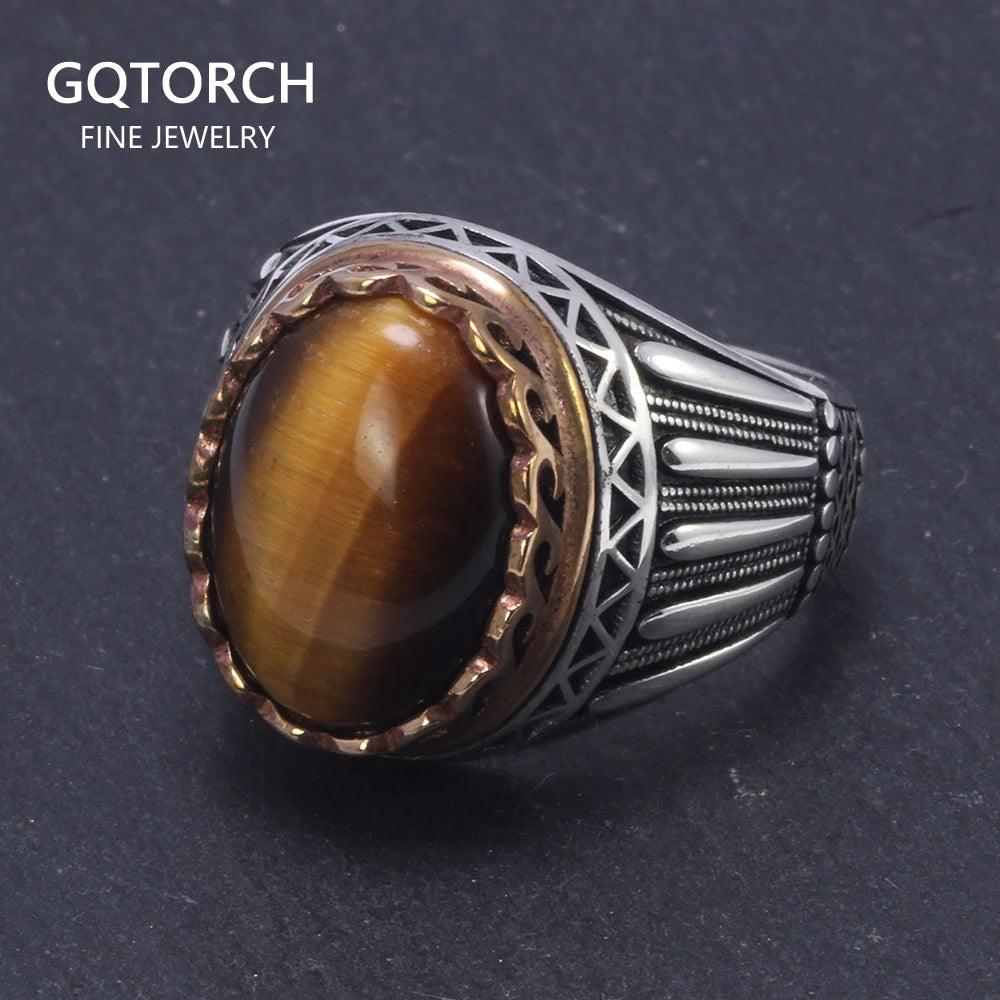 Real Pure 925 Silver Rings Cool Retro Luxury Big Turkish Rings For Men With Green Red Tiger Eyes Stones Vintage Turkey Jewelry - GQTORCH Jewelry