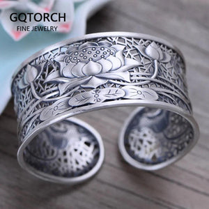 Real Pure 999 Sterling Silver Bangles For Women Wide Large Lotus Classic Tibetan Buddhism Jewelry Jonc Argent 925 - GQTORCH Jewelry