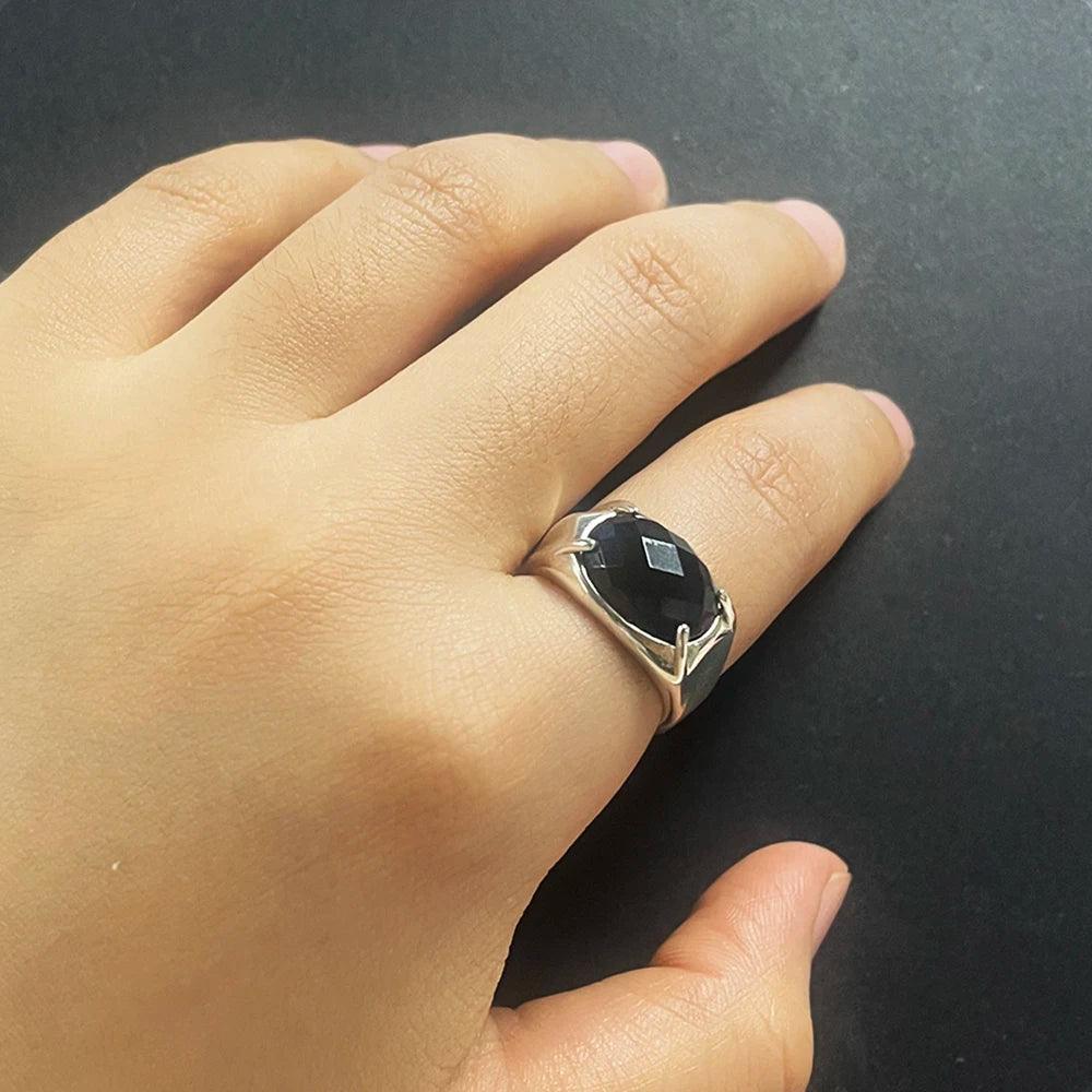 Real Pure 925 Silver Ring Women and Men Natural Stone Black Agate Oval Faceted US6-10 Adjustable Fine Jewelry - GQTORCH Jewelry