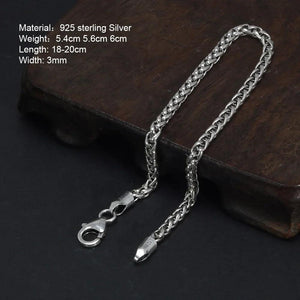 100% Sterling Silver 3mm Braided Hemp Bracelet Chain 17-21cm Simple Retro Minimalism Jewelry For Men and Women - GQTORCH Jewelry