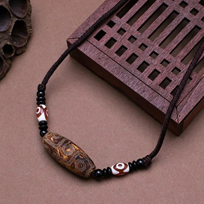 Natural Tibetan Onyx 3 Eyes Dzi Pendant Necklace Adjustable Rope Chain Choker Necklace For Women And Men Buddhism Jewelry - GQTORCH Jewelry
