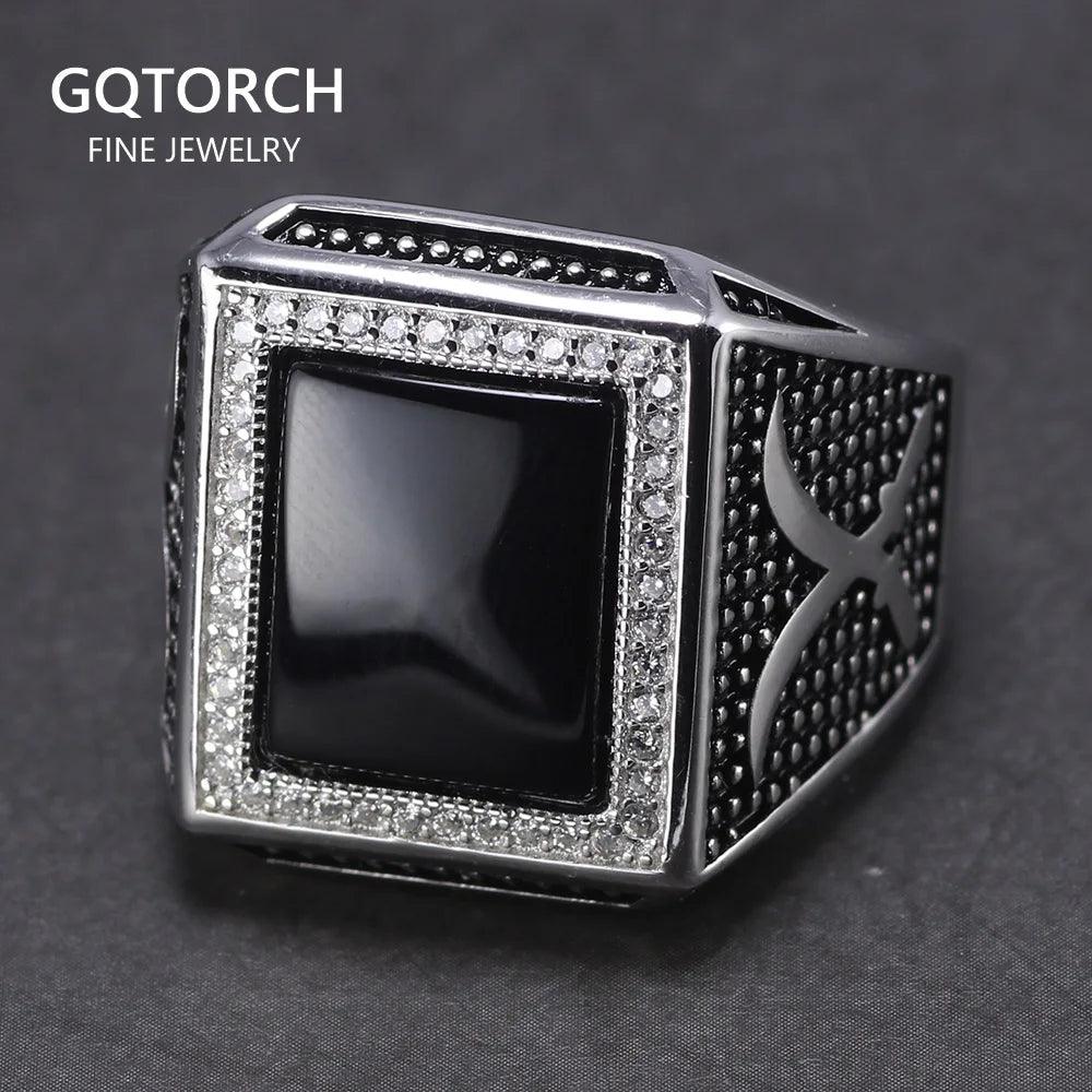 Real Solid 925 Sterling Silver Rings for Man with Stones Black Natural Onyx Micro Paved Cubic Zircon Cross Broadsword Pattern - GQTORCH Jewelry