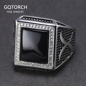 Real Solid 925 Sterling Silver Rings for Man with Stones Black Natural Onyx Micro Paved Cubic Zircon Cross Broadsword Pattern - GQTORCH Jewelry