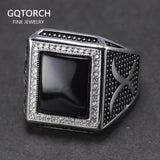 Real Solid 925 Sterling Silver Rings for Man with Stones Black Natural Onyx Micro Paved Cubic Zircon Cross Broadsword Pattern - GQTORCH Jewelry