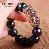Natural Stone Men Bracelet Black Obsidian Beads With Ice Obsidian Pixiu Brave Troops Rosary Buddha Jewelry For Men And Women - GQTORCH Jewelry