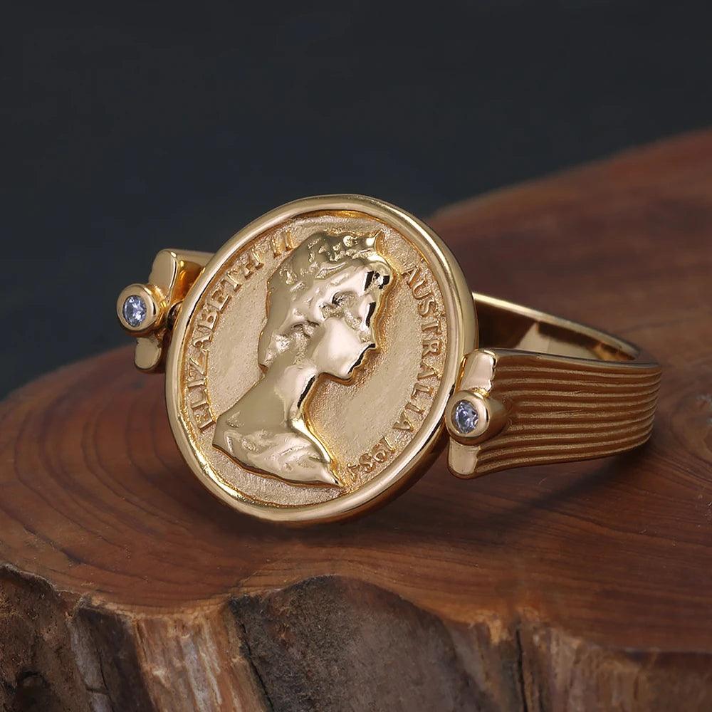 Queen Elizabeth Flipping Silver Coin Reversible Ring Women 925 Sterling Silver Gold Plated US Size 7 Rotating Vintage Jewelry - GQTORCH Jewelry