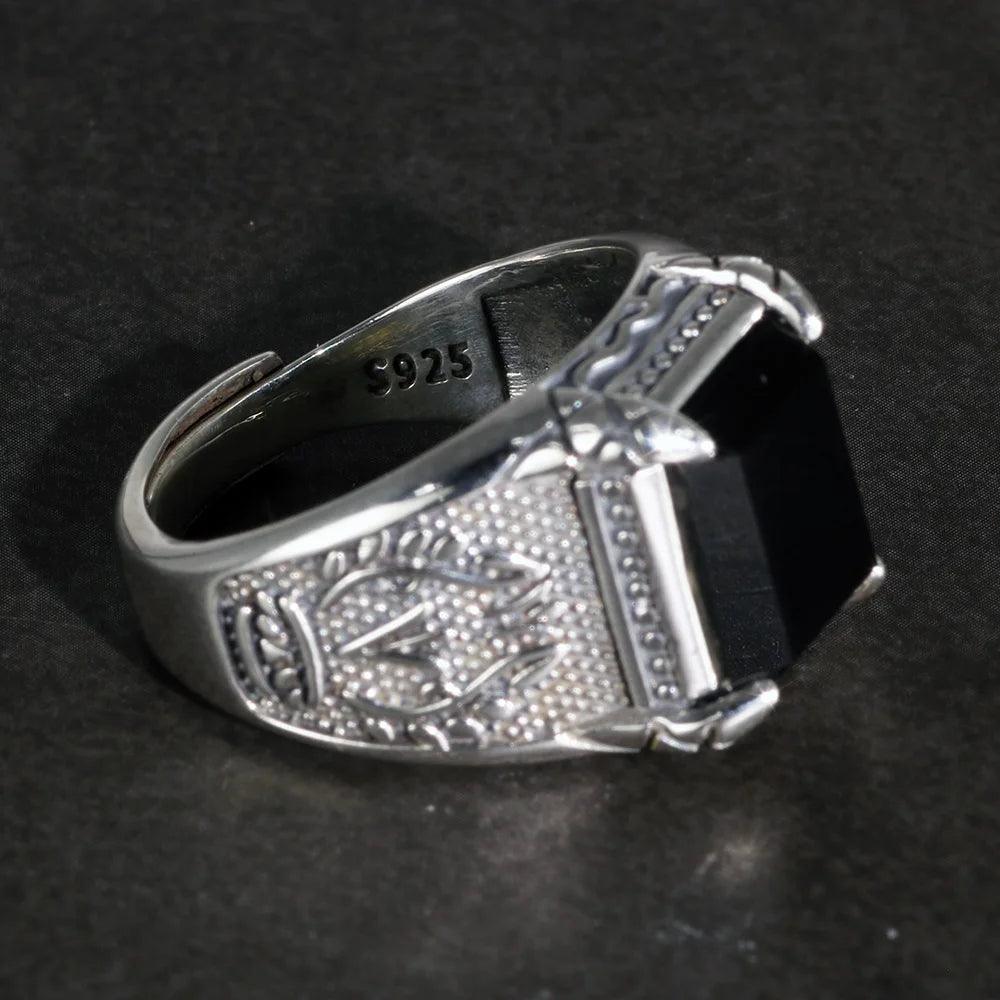 Real Solid 925 Sterling Silver Rings Claw Setting With Natural Onyx Stone For Men Retro Punk Resizable Biker Rings - GQTORCH Jewelry