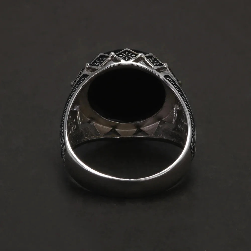 925 Sterling Silver Black Stone Onyx Signet Ring for Men Micro Inlaid Zircon Red Green Agate Ring Luxury Vintage Turkey Jewelry