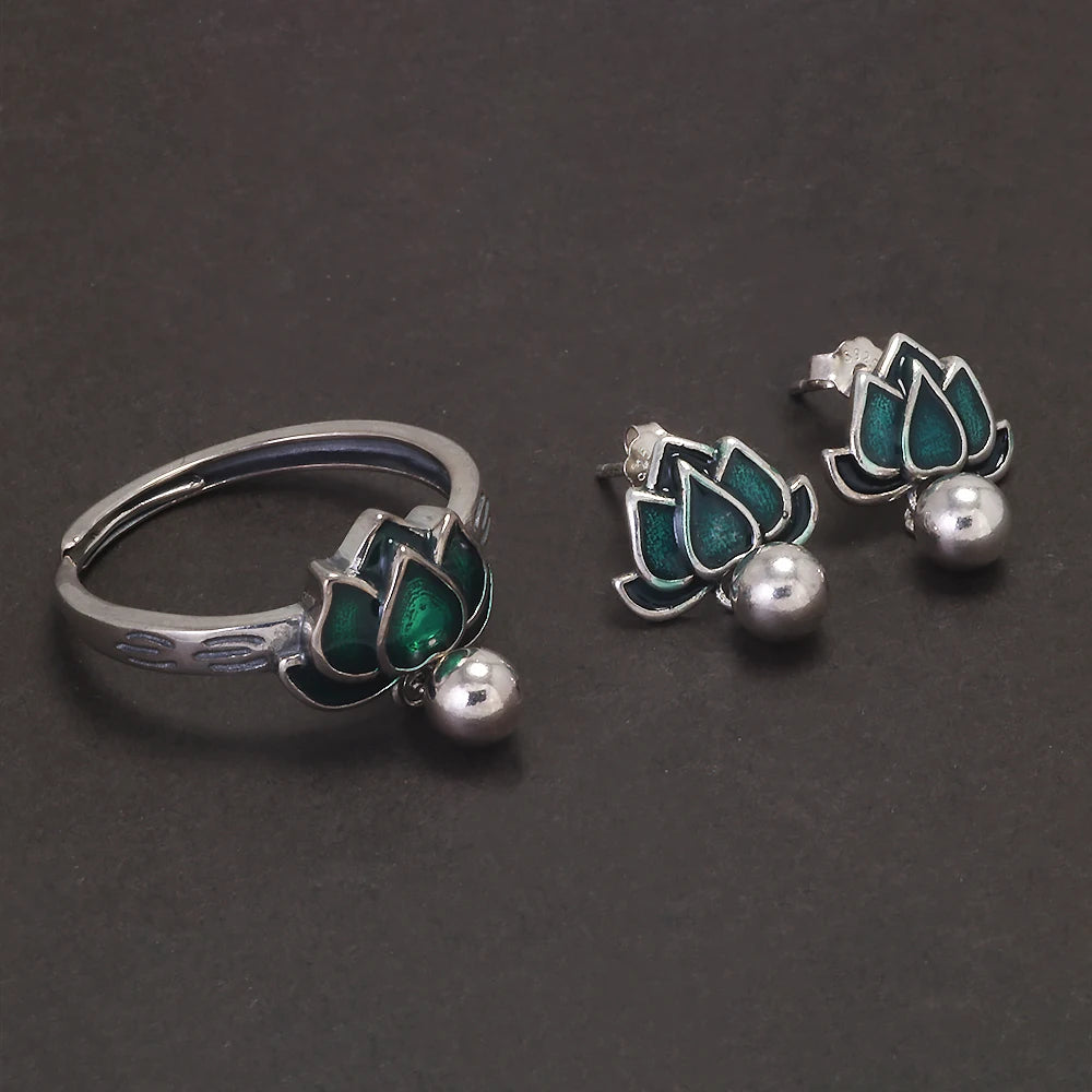 925 Sterling Silver Green Lotus Ring Earrings with Dangle Bead Enameled Women's Vintage Fashion Elegant Jewelry Set