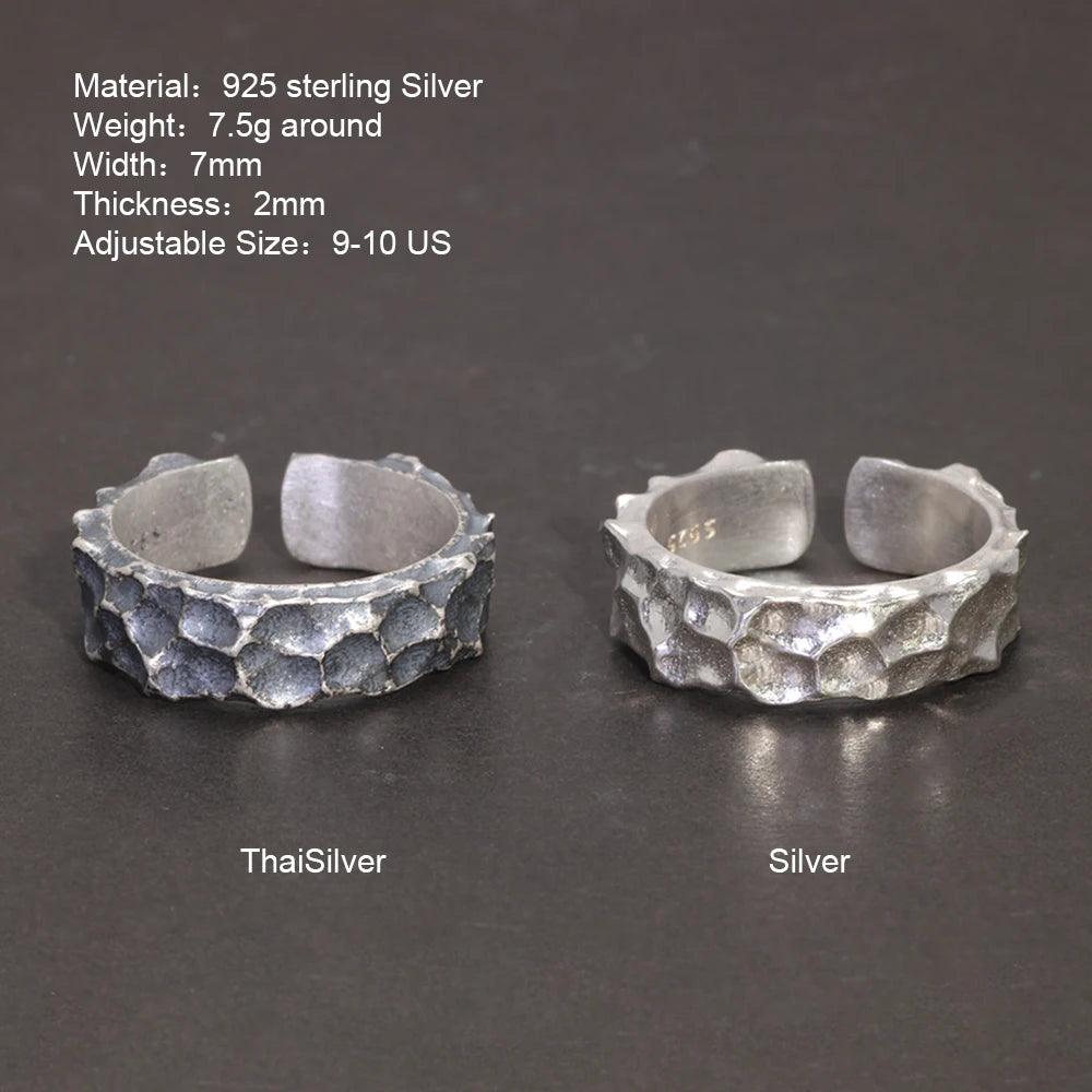 Real 925 Sterling Silver Mens Rings Open Type Hammer Pattern Retro Punk Viking Jewelry Resizable - GQTORCH Jewelry