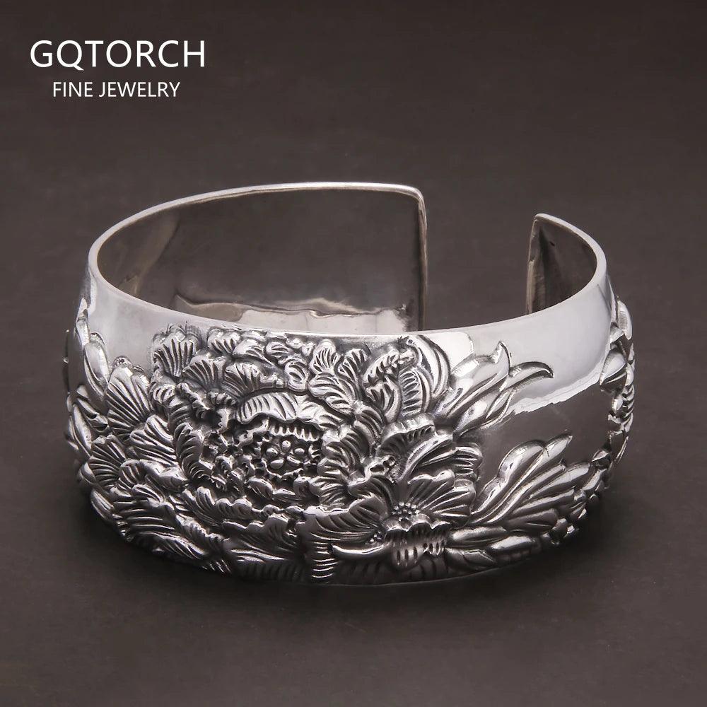 999 Pure Silver Peony Flower Cuff Bangle for Women Large Exaggerated Wide Ethnic Style Female Jewelry Gift for Mom - GQTORCH Jewelry