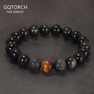 10/12/16/18mm Natural Rainbow Obsidian Beaded Bracelet for Men Pixiu Charms Tiger Eye Stone Feng Shui Lucky Jewelry