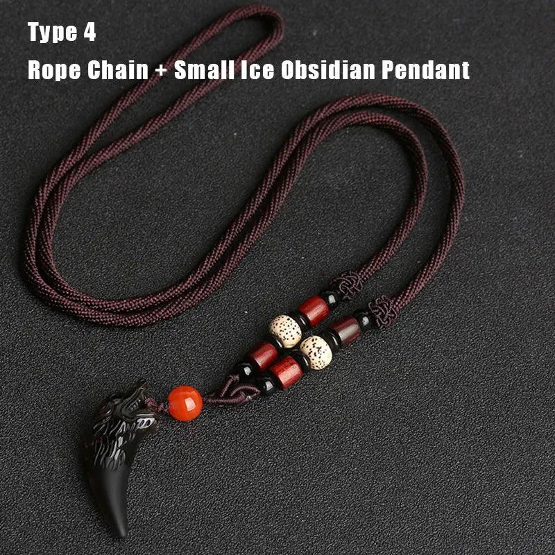 Natural Stone Black And Ice Obsidian Pendant Necklace Wolf Tooth Amulets And Talismans Couple Necklace For Women And Men - GQTORCH Jewelry