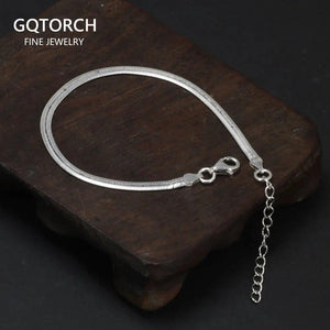 Real 925 Sterling Silver Blade Snake Chain Bracelet Simple with 4 Extension Delicate Fine Jewelry Gift for Men and Women - GQTORCH Jewelry