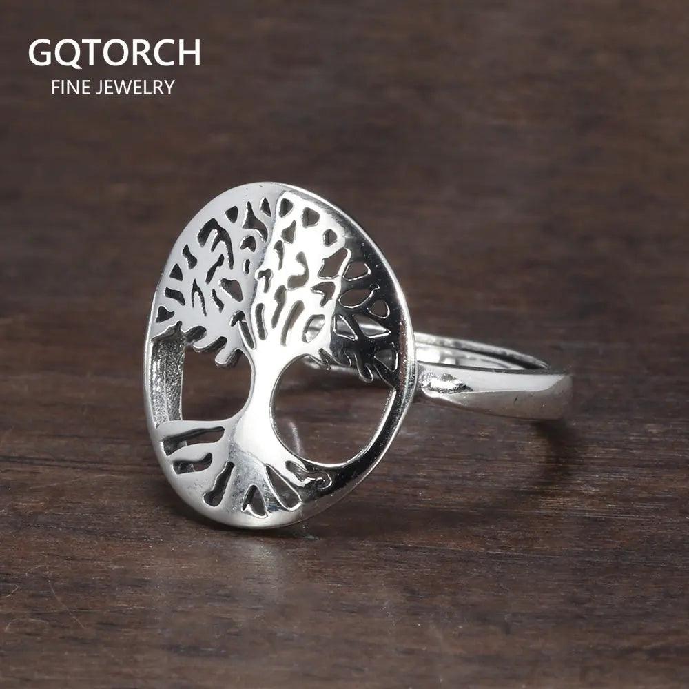Real 925 Sterling Silver Tree of Life Ladies Ring Hollow Design Viking Jewelry Resizable US Size 5-10 - GQTORCH Jewelry