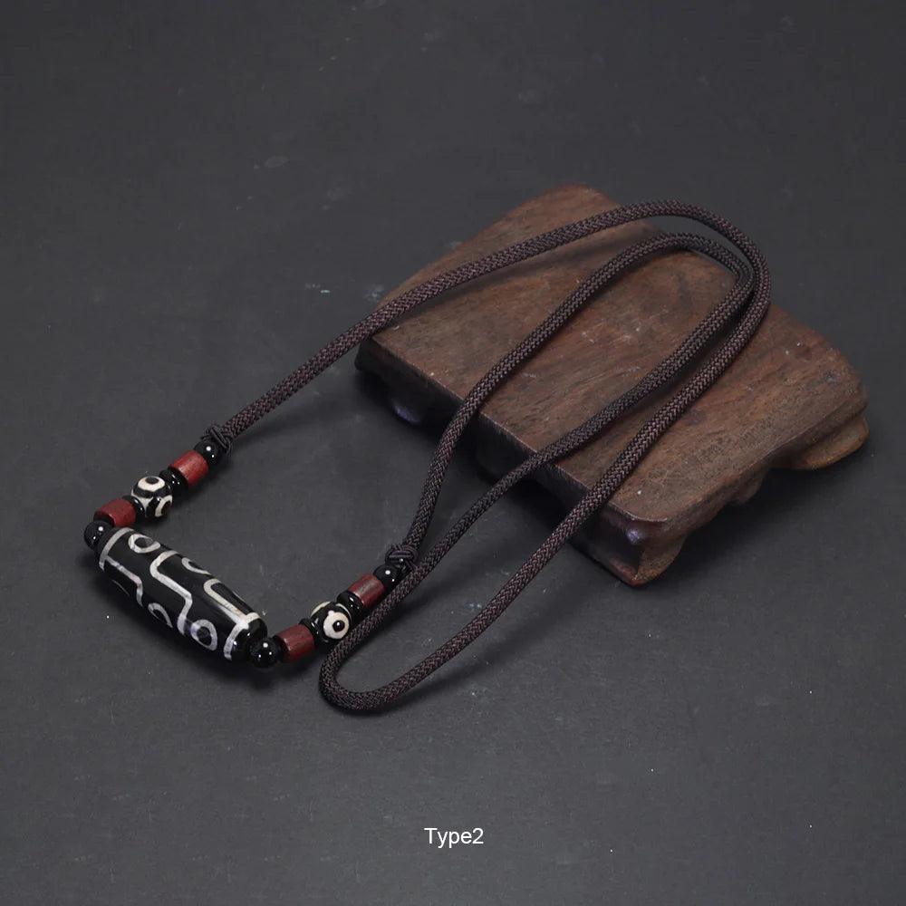 Natural Tibetan Onyx 3 Eyes Dzi Pendant Necklace Adjustable Rope Chain Choker Necklace For Women And Men Buddhism Jewelry - GQTORCH Jewelry