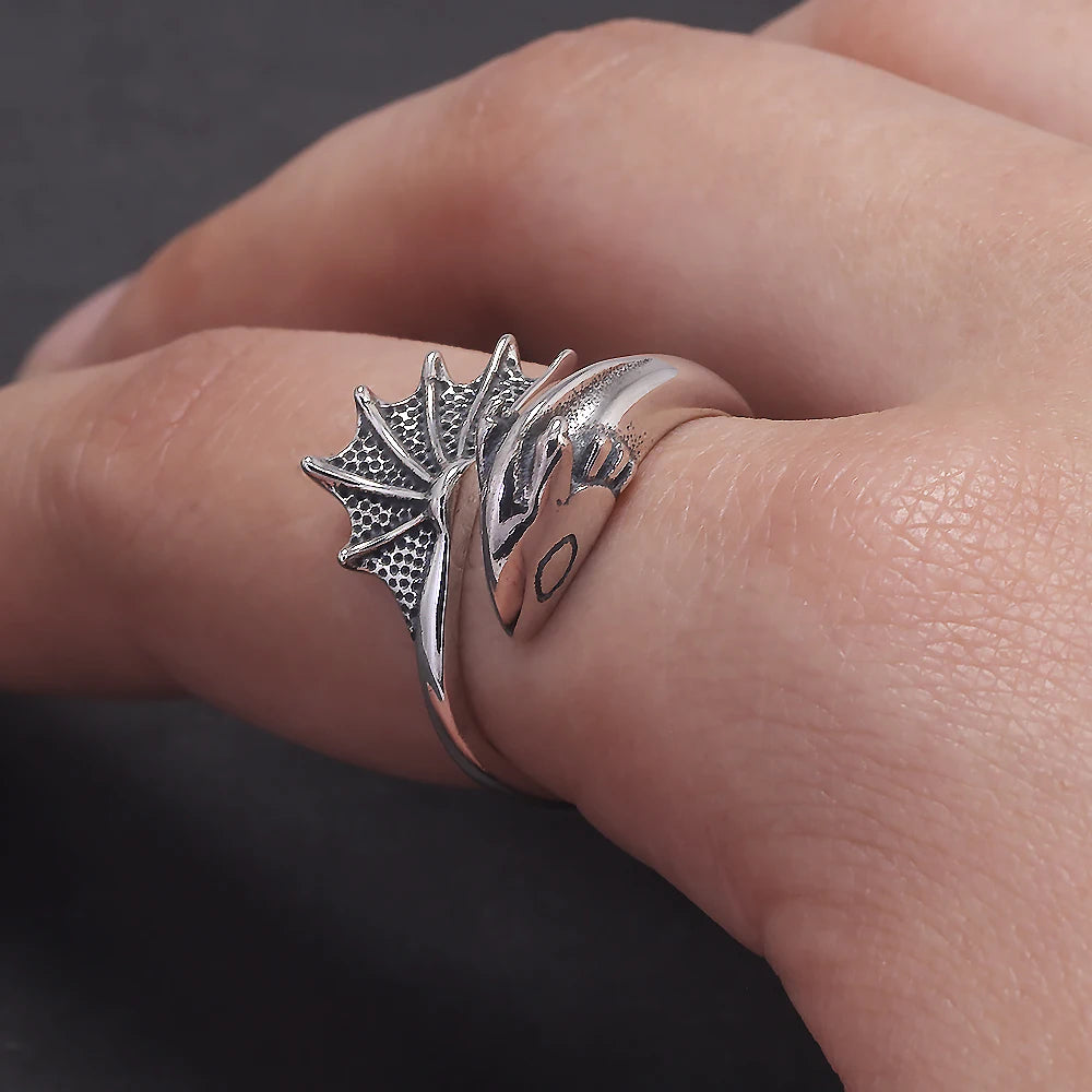S925 Silver Gothic Pterodactyl Wing Open Ring for Women Men Dragon Punk Retro Rings Adjustable Trendy Jewelry Party  Accessories