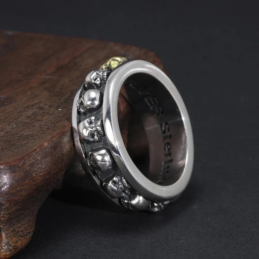 S925 Sterling Silver Rotating Spinner Skull Mens Rings Retro Punk Rock Style Aneis Vintage Fine Jewelry - GQTORCH Jewelry