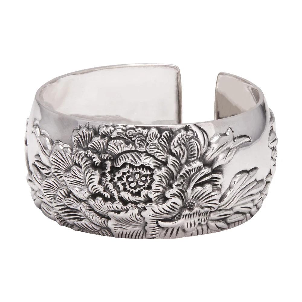 999 Pure Silver Peony Flower Cuff Bangle for Women Large Exaggerated Wide Ethnic Style Female Jewelry Gift for Mom - GQTORCH Jewelry