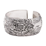 999 Pure Silver Peony Flower Cuff Bangle for Women Large Exaggerated Wide Ethnic Style Female Jewelry Gift for Mom - GQTORCH Jewelry