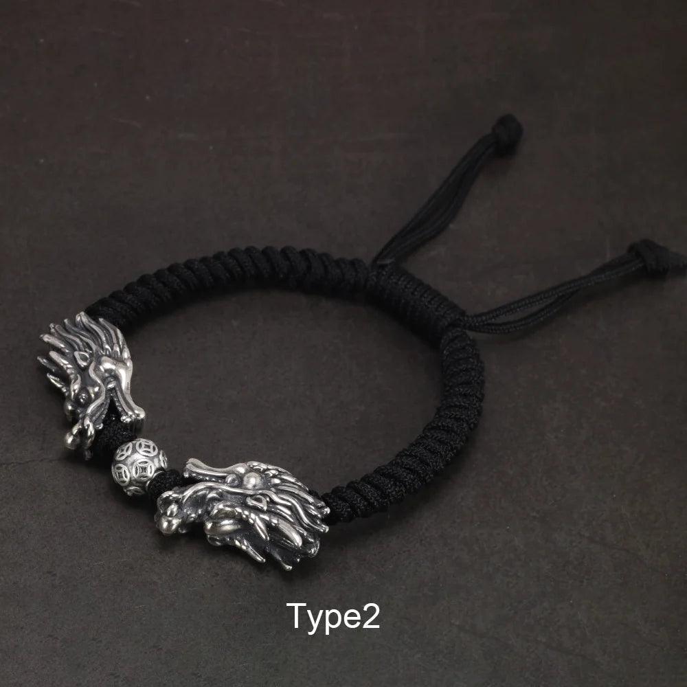 Sterling Silver 999 3D Double Dragon Head Bracelet for Men and Women Pure Handwoven Lucky Rope Bracelet Chinese Knot Jewelry - GQTORCH Jewelry