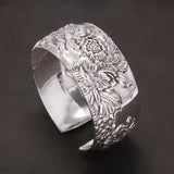 999 Pure Silver Peony Flower Cuff Bangle for Women Large Exaggerated Wide Ethnic Style Female Jewelry Gift for Mom - GQTORCH Jewelry
