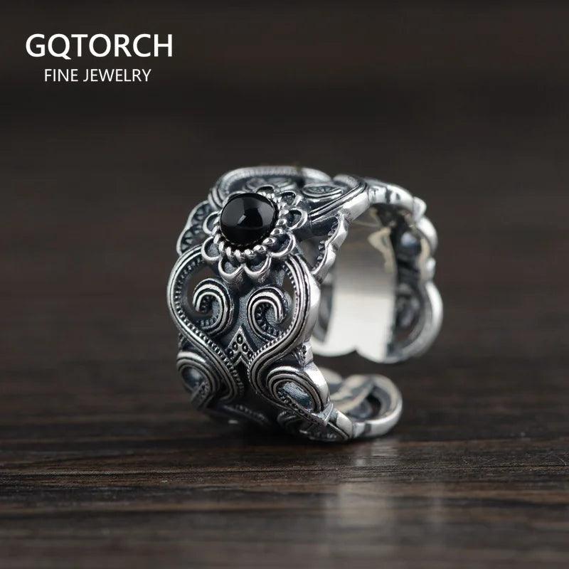 S925 Sterling Silver Vintage Thai Silver Inlaid Black Agate Ring Men and Women Hollow Pattern Wide Couple Rings Silver Ring - GQTORCH Jewelry