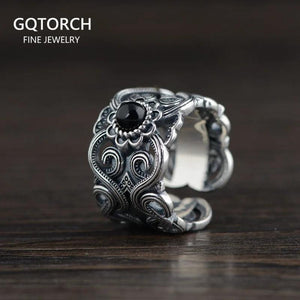S925 Sterling Silver Vintage Thai Silver Inlaid Black Agate Ring Men and Women Hollow Pattern Wide Couple Rings Silver Ring - GQTORCH Jewelry