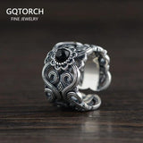 S925 Sterling Silver Vintage Thai Silver Inlaid Black Agate Ring Men and Women Hollow Pattern Wide Couple Rings Silver Ring - GQTORCH Jewelry