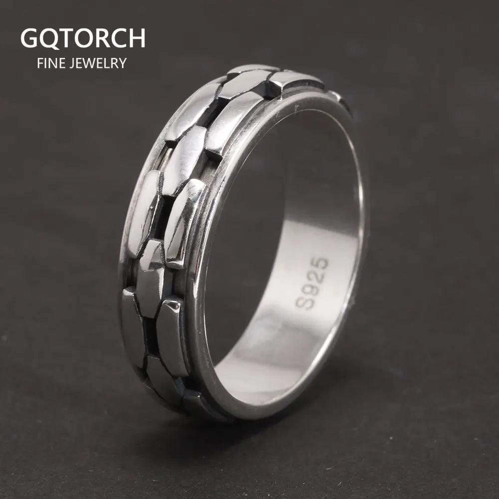 Real S925 Sterling Silver Spinner Rings Irregular Chain Design Retro Punk Style For Men Rotatable Index Finger Ring - GQTORCH Jewelry