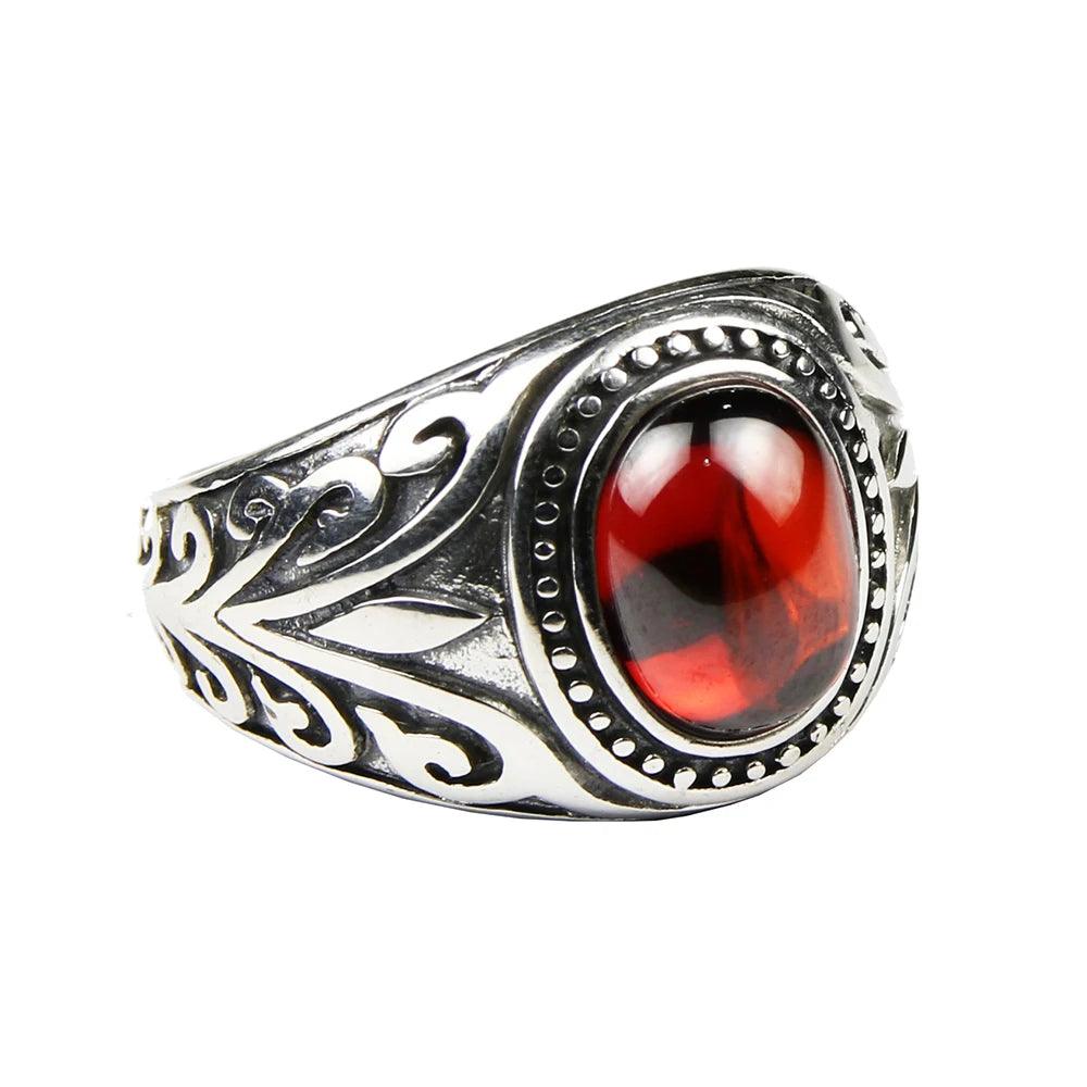 Real 925 Sterling Silver Jewelry Vintage Rings For Men Engraved Flowers With Red Garnet Natural Stone Fine Jewellery - GQTORCH Jewelry