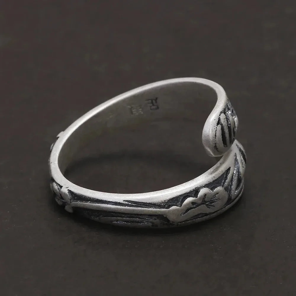 999 Pure Silver Retro Lotus Open Ring for Women Vintage Thai Silver Color Double Layer Adjustable Ethnic Female Jewelry Gift