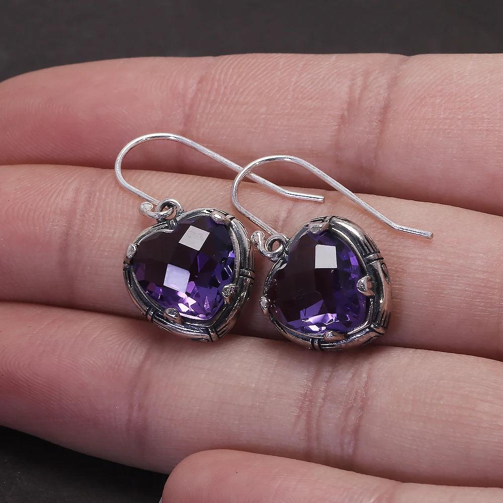 Real S925 Sterling Silver Natural Amethyst Heart Ring Drop Earrings for Women Girl Vintage Fashion Jewelry Set - GQTORCH Jewelry