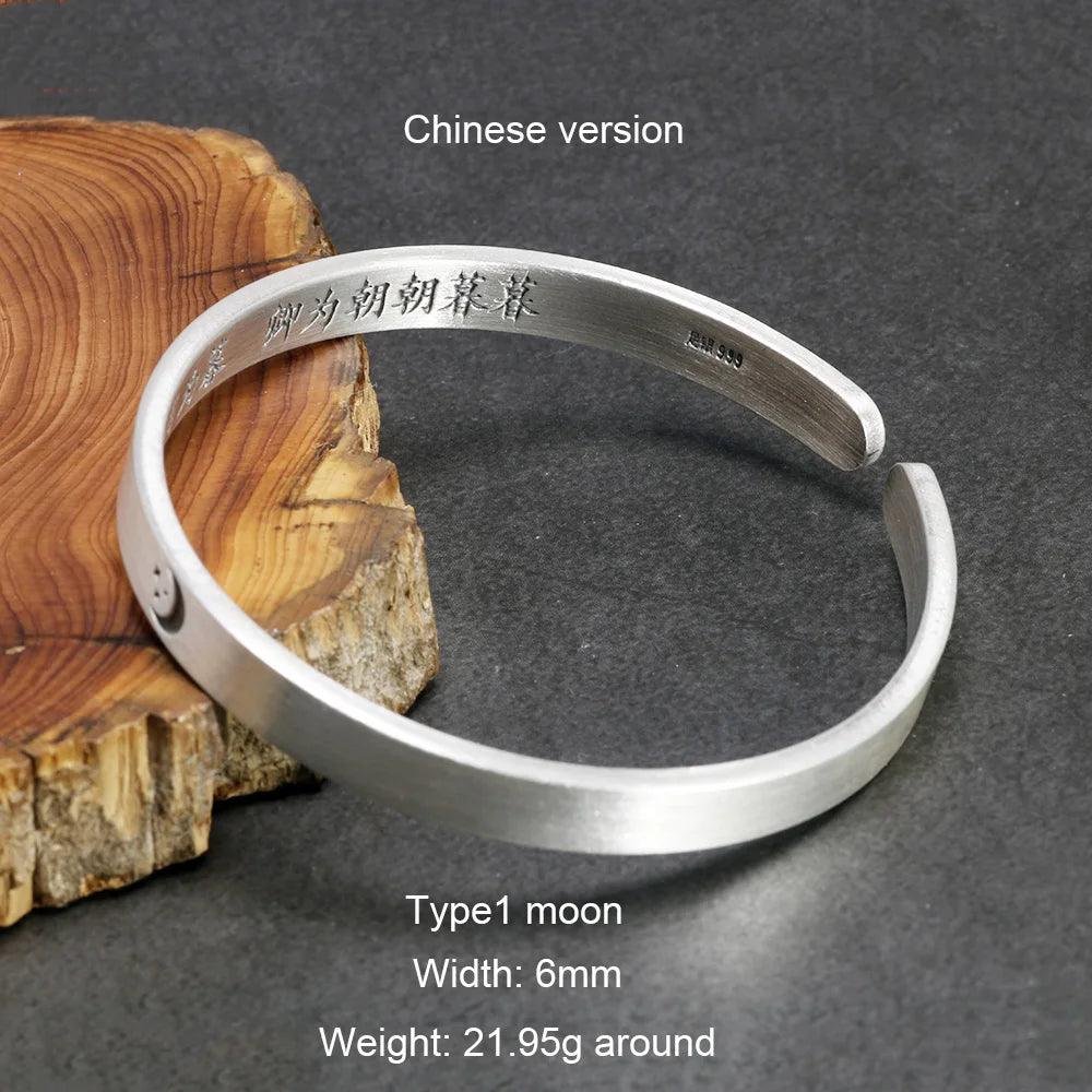 Solid 999 Sterling Silver Jewelry Couple Bangles for Lovers' Sun and Moon Engraved Design Retro Punk Steampunk Accessories - GQTORCH Jewelry
