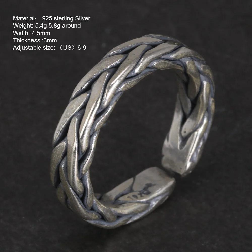 Real 925 Sterling Silver Braided Rings Viking Jewelry Retro Punk Rock Adjustable Size 6-9 - GQTORCH Jewelry