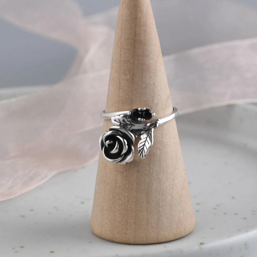 Real 925 Sterling Silver Jewelry Rose Flower Rings For Women With Black Zircon Stone Adjustable Wedding Rings For Women - GQTORCH Jewelry