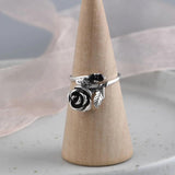 Real 925 Sterling Silver Jewelry Rose Flower Rings For Women With Black Zircon Stone Adjustable Wedding Rings For Women - GQTORCH Jewelry
