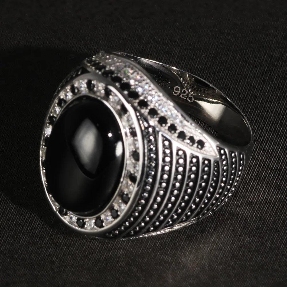 Real Pure 925 Sterling Silver Rings For Men With Natural Onyx paved with Black Zircon Turkish Finger Rings Man Wedding Band - GQTORCH Jewelry