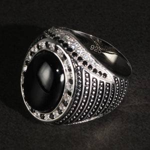 Real Pure 925 Sterling Silver Rings For Men With Natural Onyx paved with Black Zircon Turkish Finger Rings Man Wedding Band - GQTORCH Jewelry