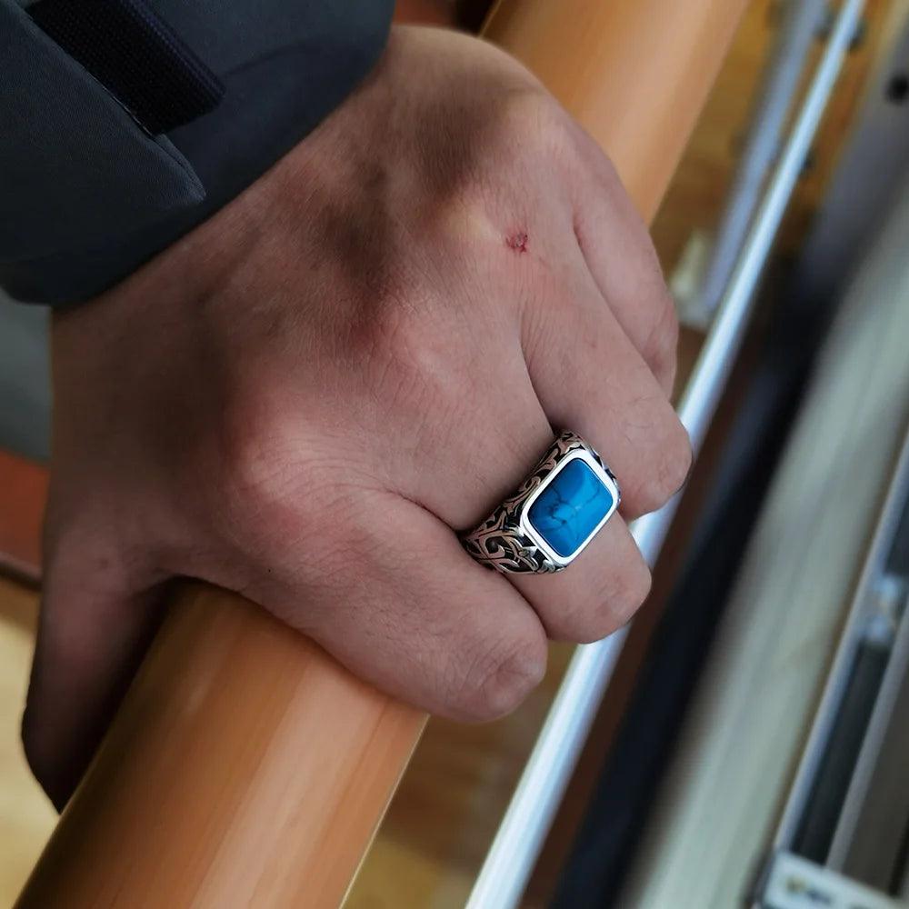 Real Pure 925 Sterling Silver Rings For Men Blue Natural Crystal Turquoise Stone Mens Ring Vintage Engraved Flower Fine Jewelry - GQTORCH Jewelry